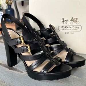 COACH Black Leather Multi-Strap Block Heel Sandals